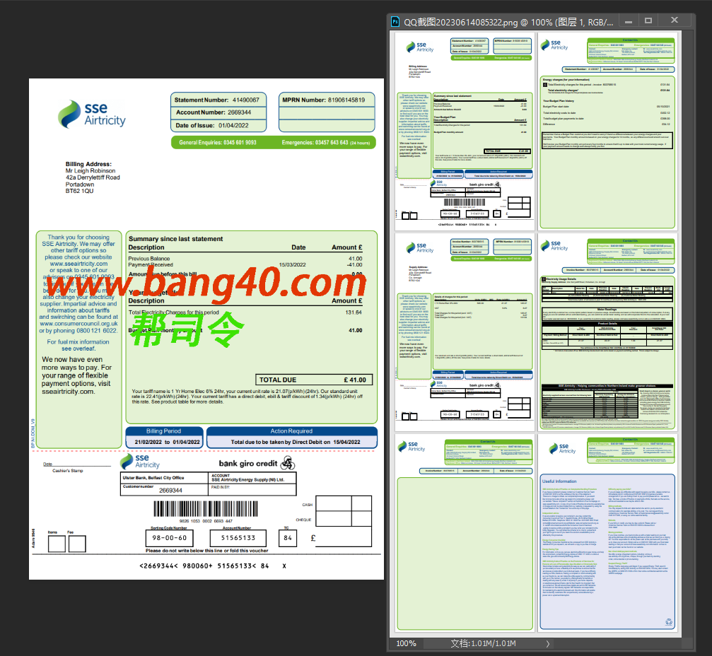 爱尔兰公用事业账单模板 V2