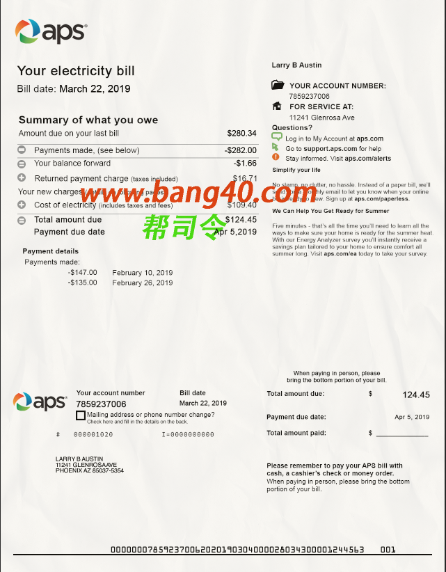 亚利桑那州 APS 电费单 Psd 模板