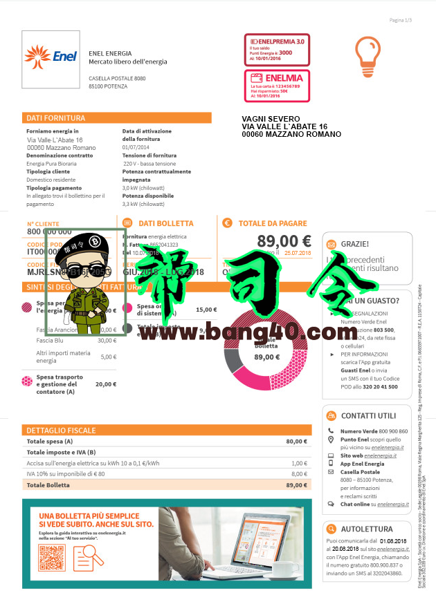 PSD 格式的意大利 Enel 电力公用事业账单模板