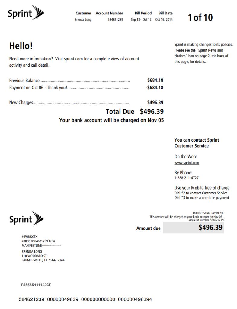 Sprint 手机账单及通话详情