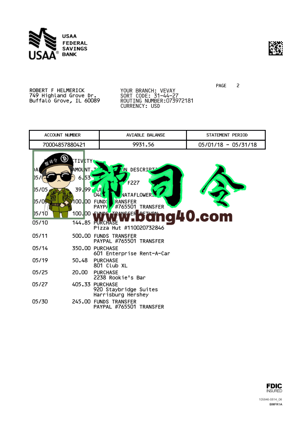 USAA 联邦储蓄银行对账单 PSD 模板
