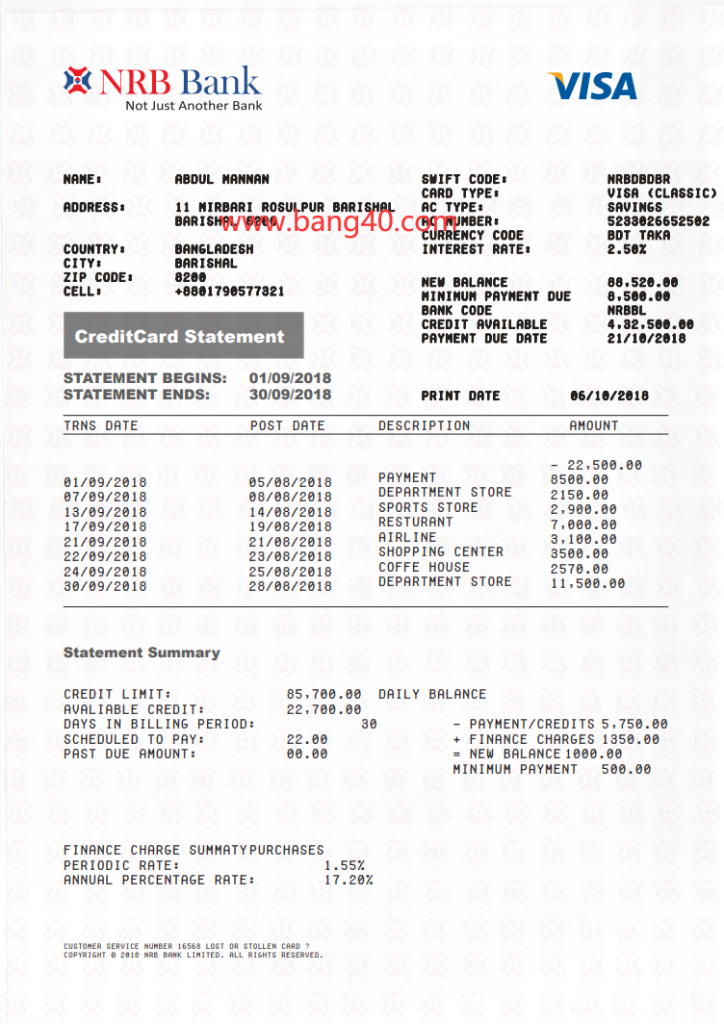 孟加拉国 NRB 银行 Visa 信用卡对账单Bangladesh NRB Bank Visa Credit Card Statement