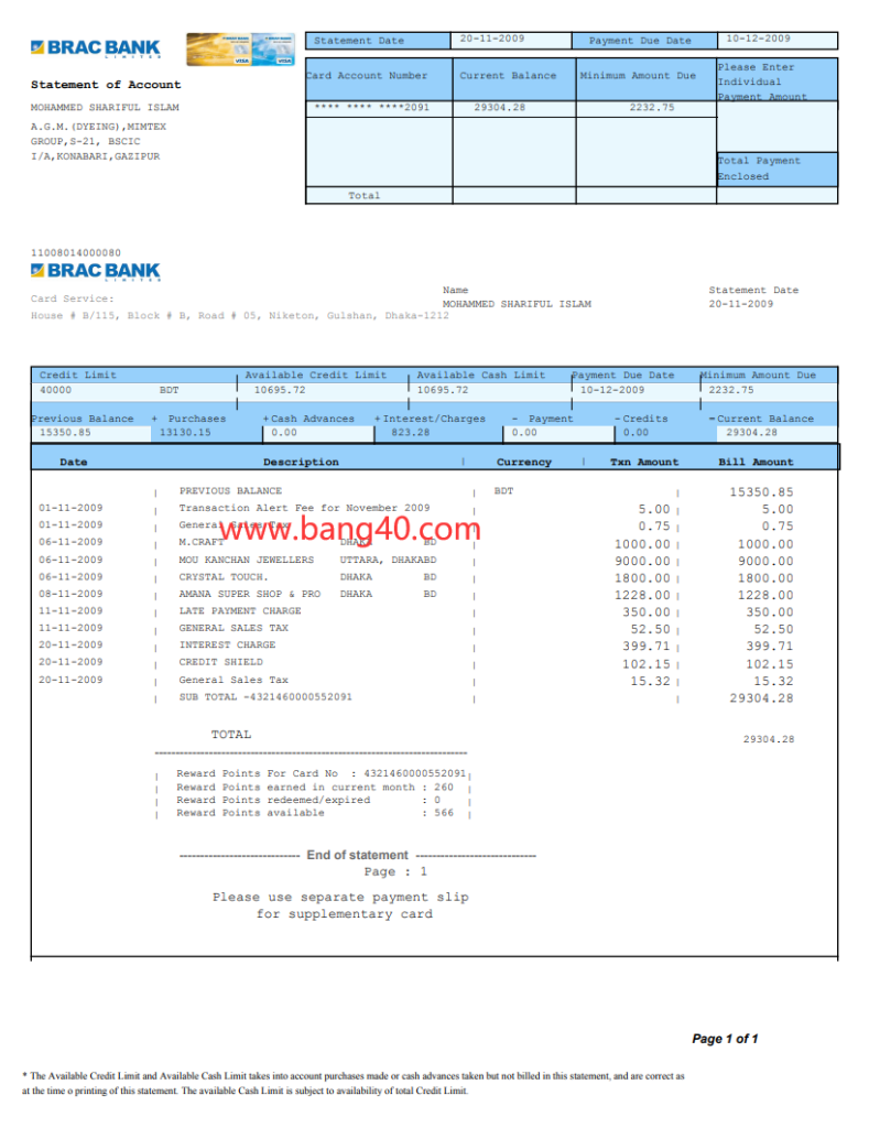 孟加拉国 BRAC 银行对账单模板Bangladesh BRAC Bank Statement Template