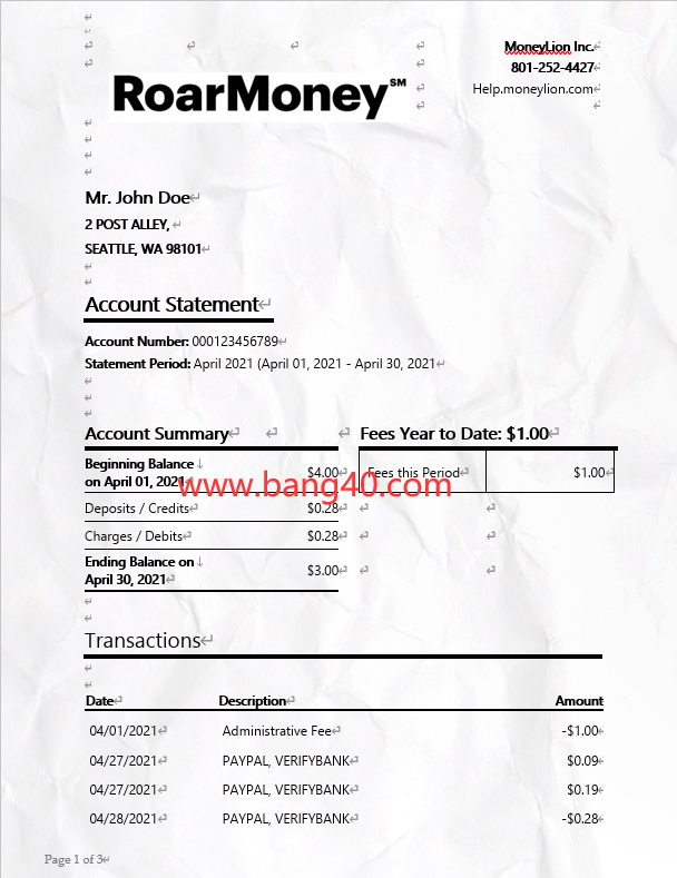 MoneyLion银行对账单模板