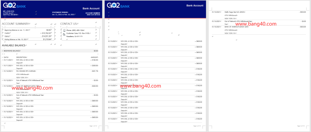 Go2Bank 银行对账单模板