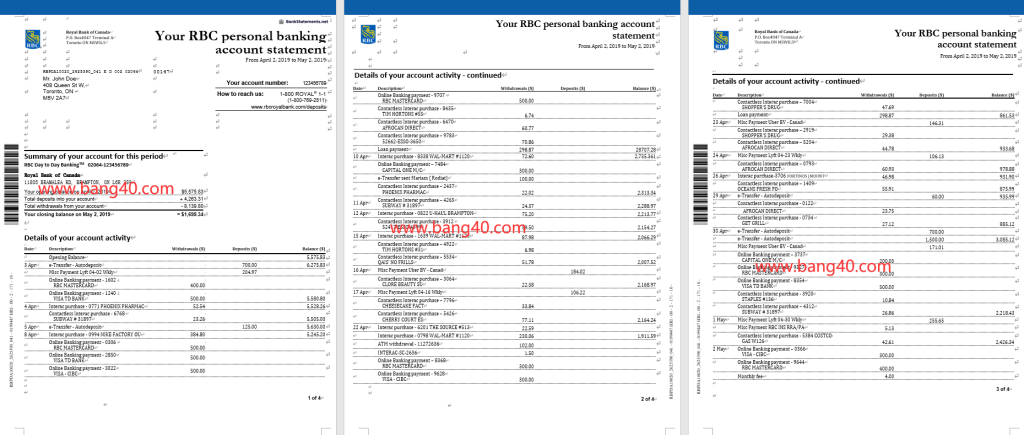 加拿大 RBC 银行对账单可编辑Word格式模板
