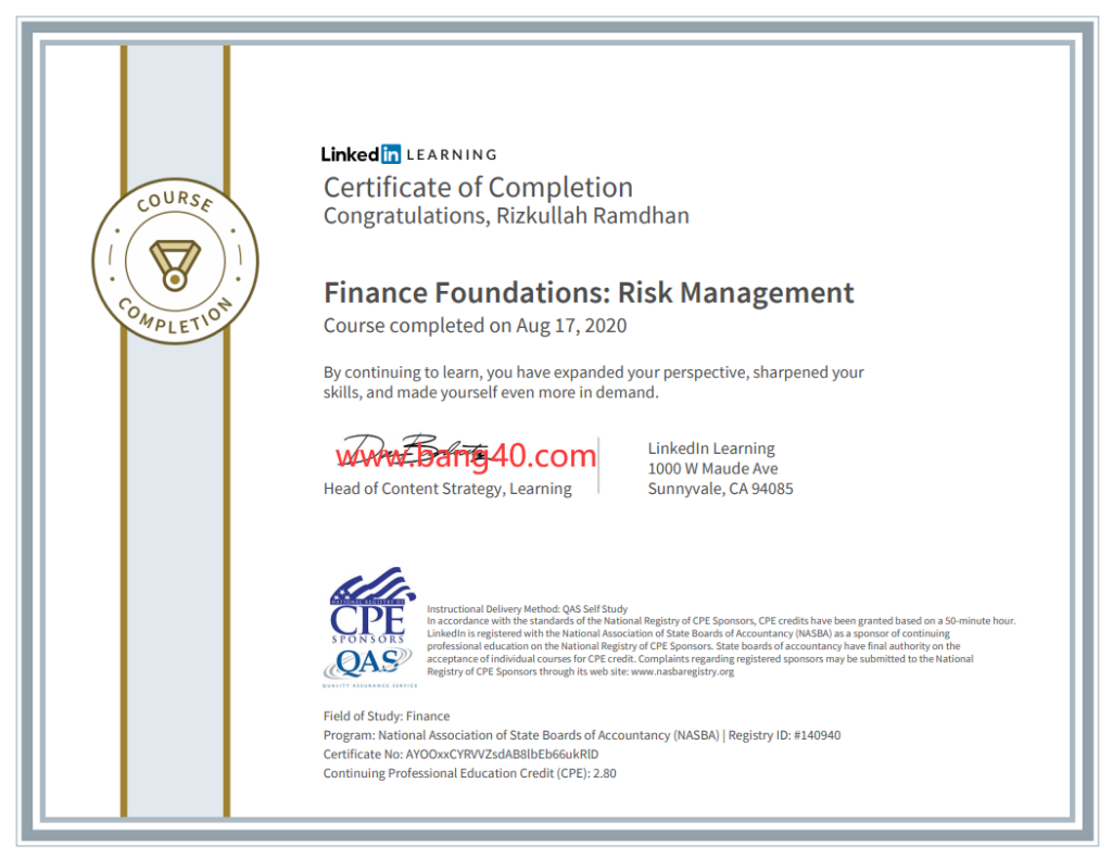 财务基础结业证书-风险管理Certificate Of Completion Finance Foundations- Risk Management-帮司令