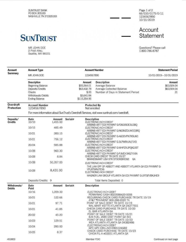 SunTrust 银行对账单
