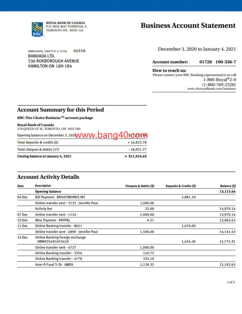 加拿大皇家银行商业账户报表PDF和word模板Canada Royal Bank Business Account Statement Template