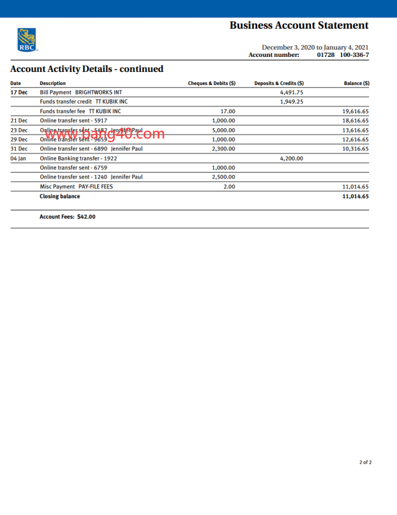 图片[2]-加拿大皇家银行商业账户报表PDF和word模板Canada Royal Bank Business Account Statement Template