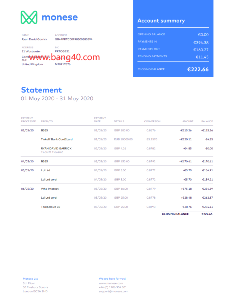 德国 Monese 银行对账单、Word 和 PDF 模板Germany Monese Bank Statement, Word And PDF Template