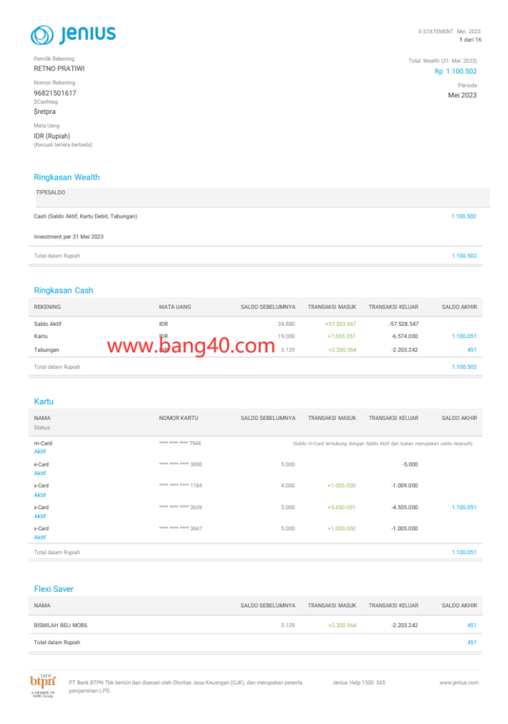 Jenius 银行遗产模板 2023Jenius Bank Estatement Template 2023Jenius