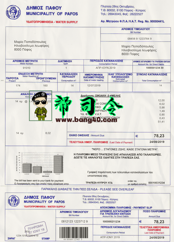 塞浦路斯水电费账单 PSD 模板Cyprus Water Utility Bill Psd Template