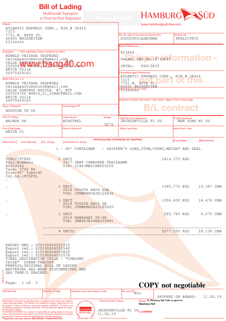 智利提单模板Chile Bill Of Lading Template