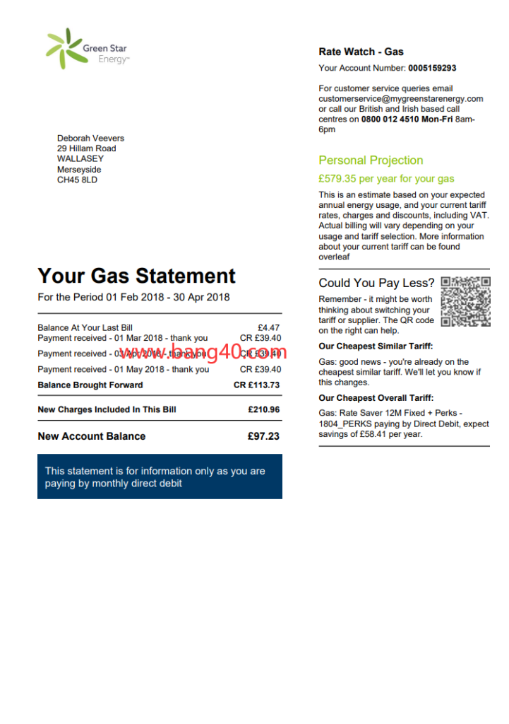 英国能源法案模板（绿色启动能源）Uk Energy Bill Template (Green Start Energy)
