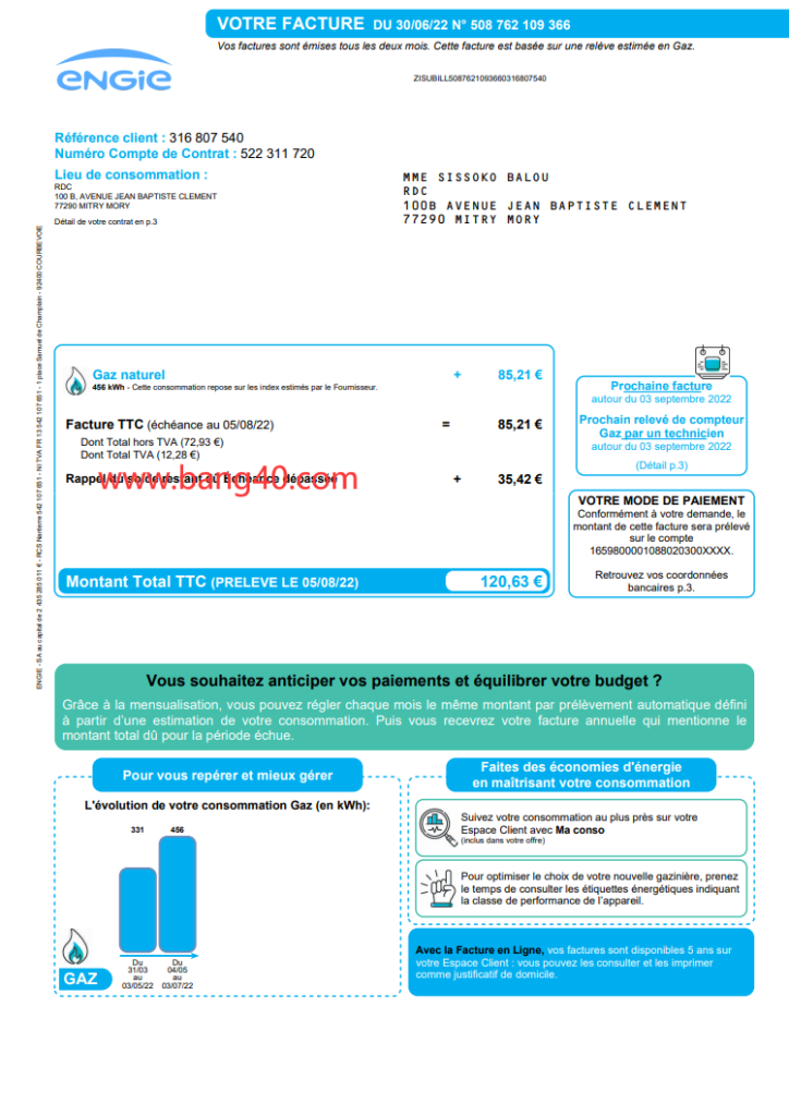 法国 Engie Bill 模板（Pdf 格式共计4页）France Engie Bill Template In Pdf Format