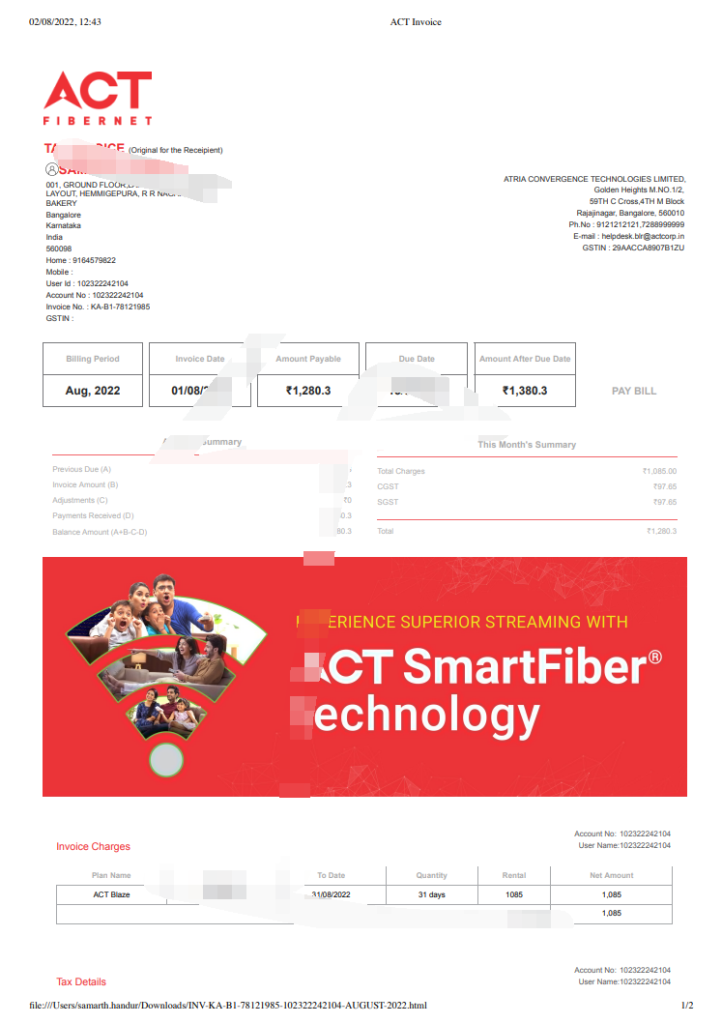 印度 ACT Fibernet 发票模板