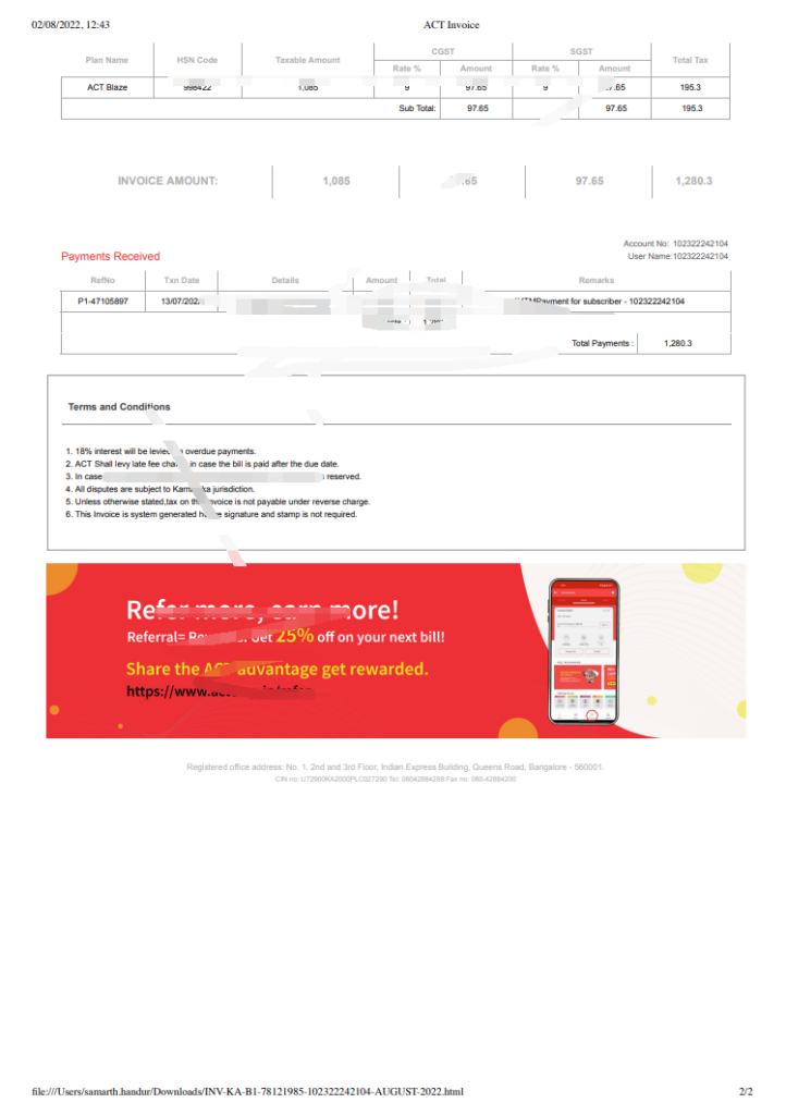 图片[2]-印度 ACT Fibernet 发票模板