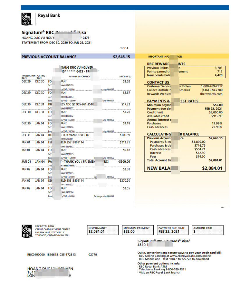 加拿大 RBC 信用卡对账单模板
