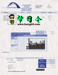 美国爱荷华州得梅因市水务账单模板USA Iowa City Of Des Moines Water Utility Bill Template-帮司令