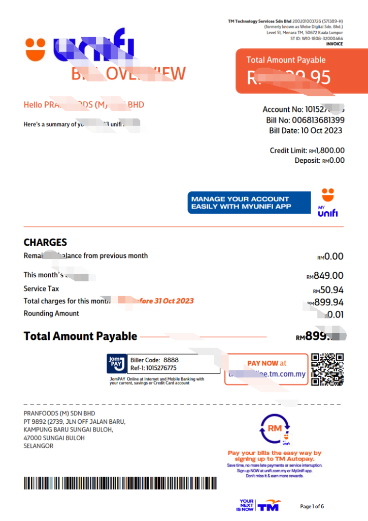 马来西亚 Unifi 公用事业账单模板