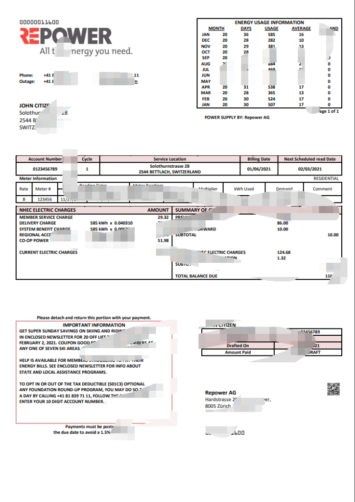 瑞士 Repower AG 公用事业账单模板