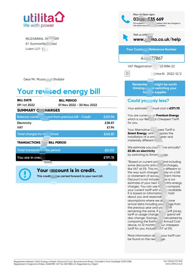 Utilita Energy Limited UK 英国 PDF 模板