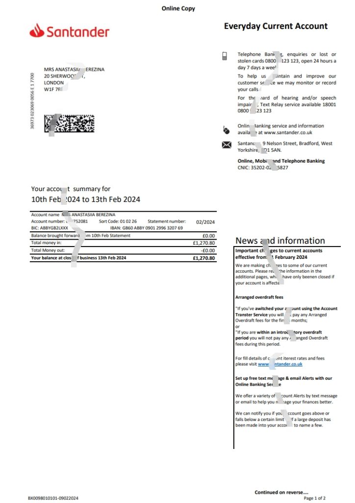 英国桑坦德银行对帐单 Word 和 PDF 模板版本 2024