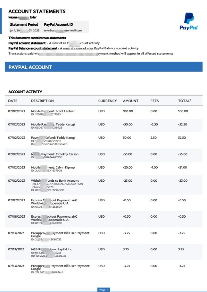 Paypal 帐户报表 Word 和 PDF 模板