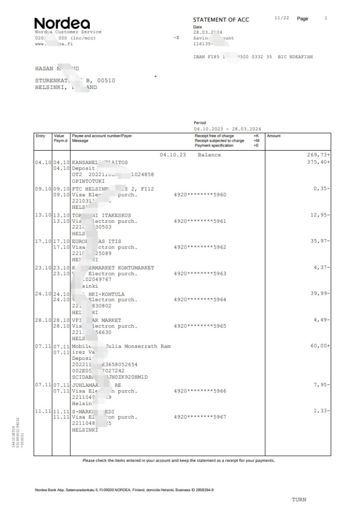芬兰 Nordea 银行对帐单 Word 和 PDf 模板(共计6页只展示首页)