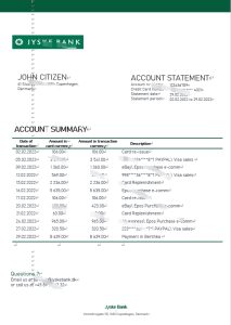 丹麦 Jyske 银行对帐单模板wordDenmark Jyske Bank Statement  word Template-帮司令