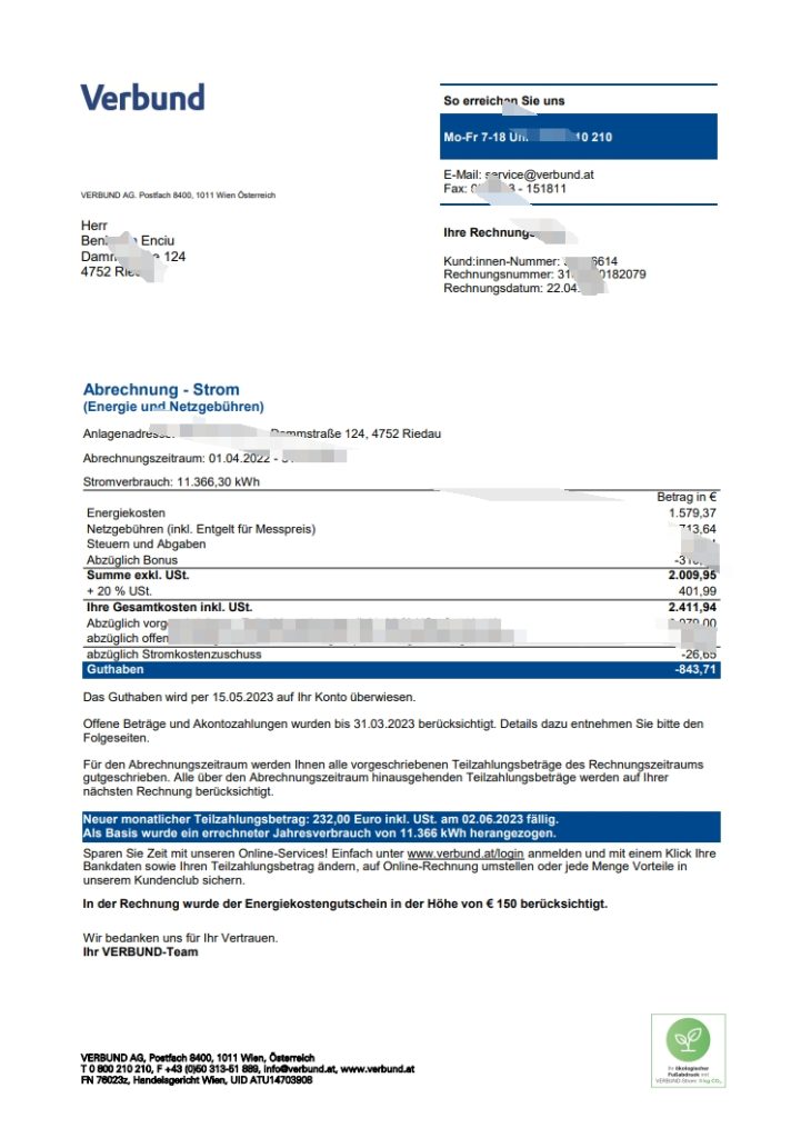 奥地利 Verbund 公用事业账单 Word 和 PDf 模板
