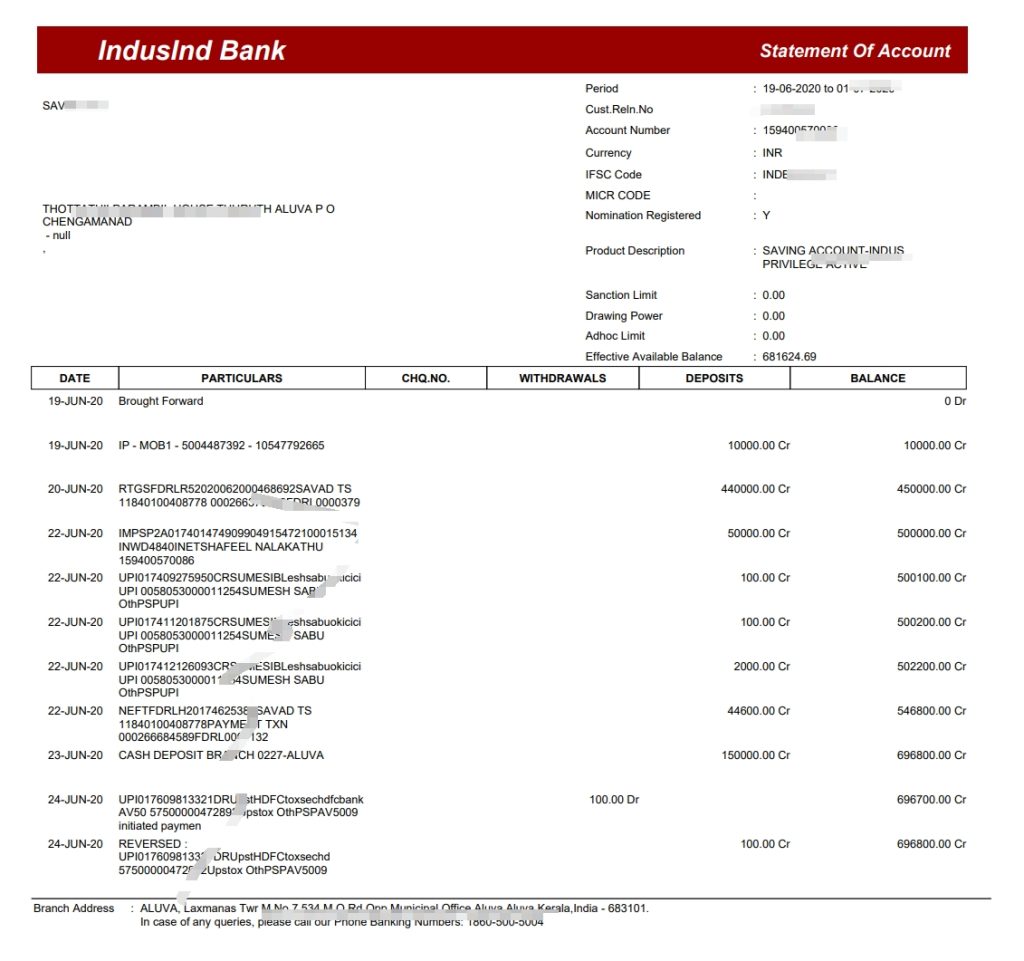 Indusind 银行对帐单 Word 和 PDF 模板