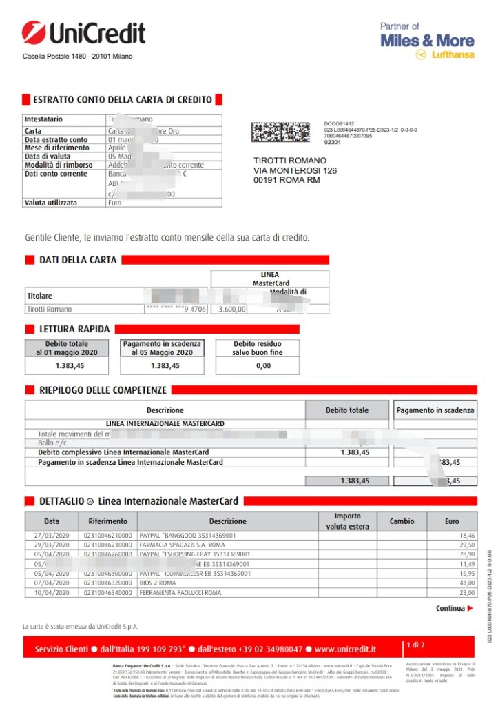 意大利 UniCredit 帐户对帐单 Word 和 PDF 格式