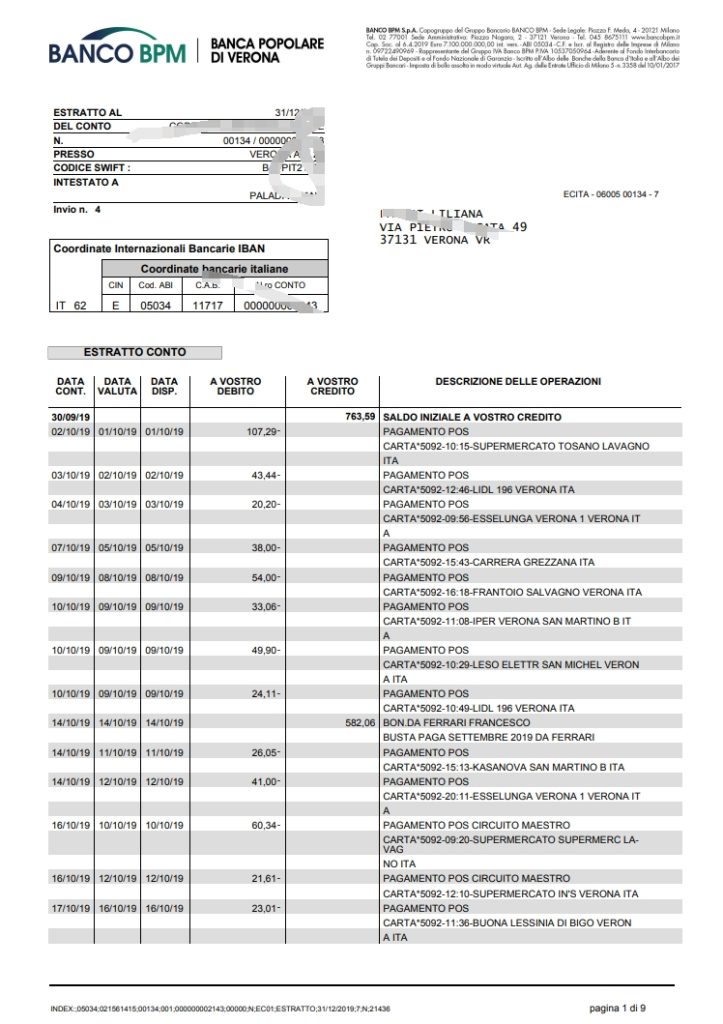 意大利 Banco BPM 银行对账单 Word 和 PDF 格式