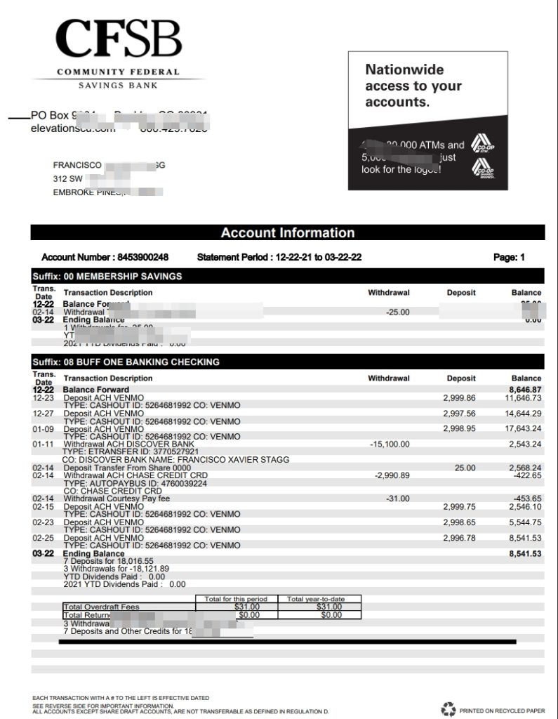 美国CFSB 银行对帐单 Word 和 PDF 模板
