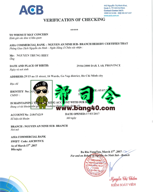 越南亚洲商业银行支票账户验证 PSD 模板