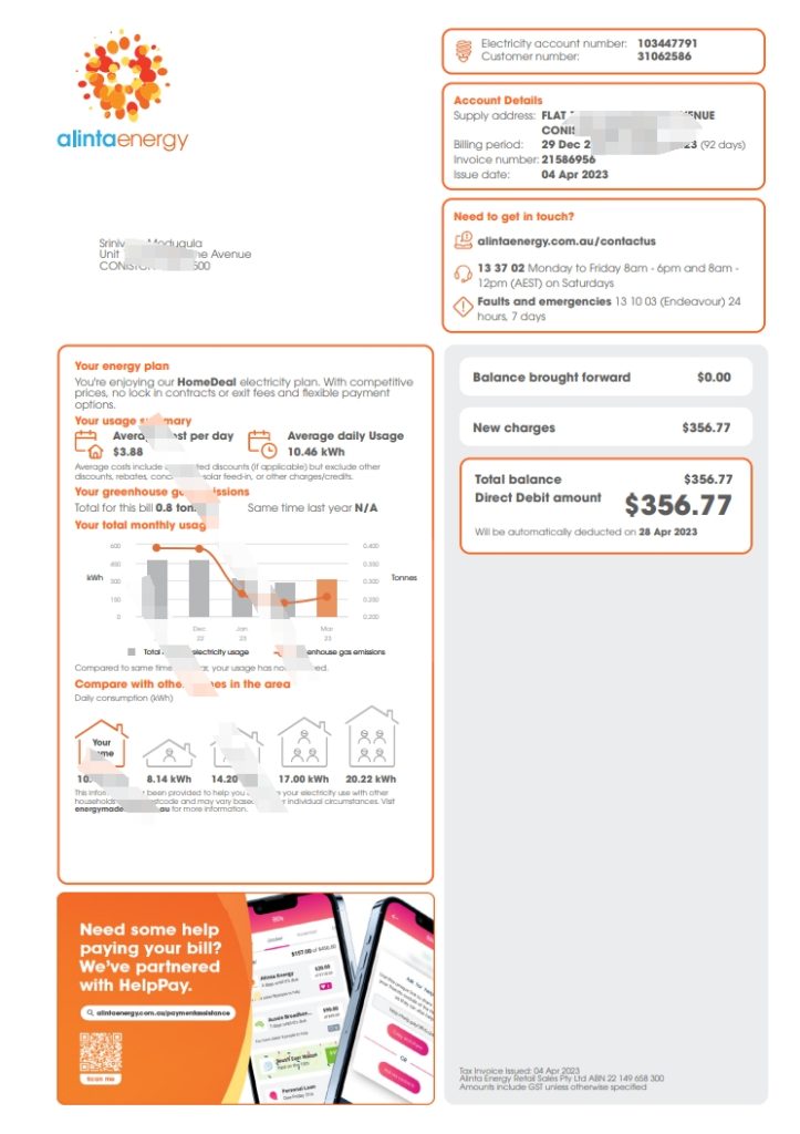 澳大利亚 Alinta Energy 天然气公用事业账单模板（Word 和 PDF 格式）