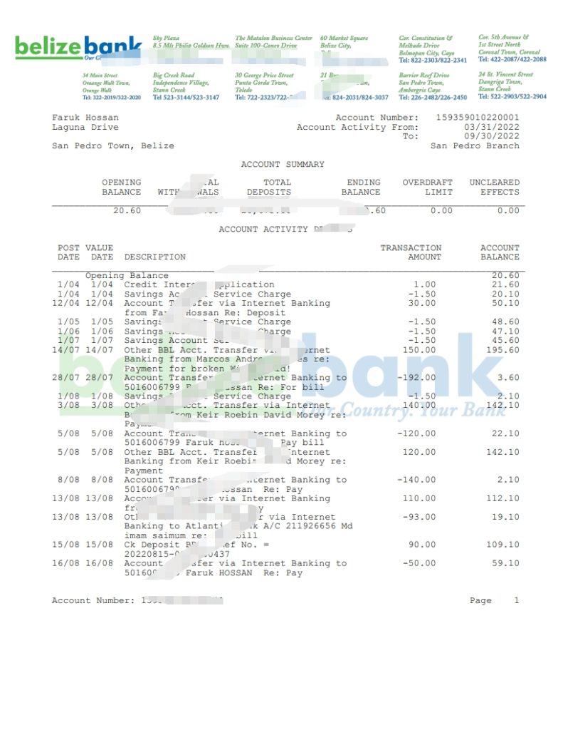 伯利兹银行 声明 Word 和 Pdf 模板belizebank statement Word And Pdf Template