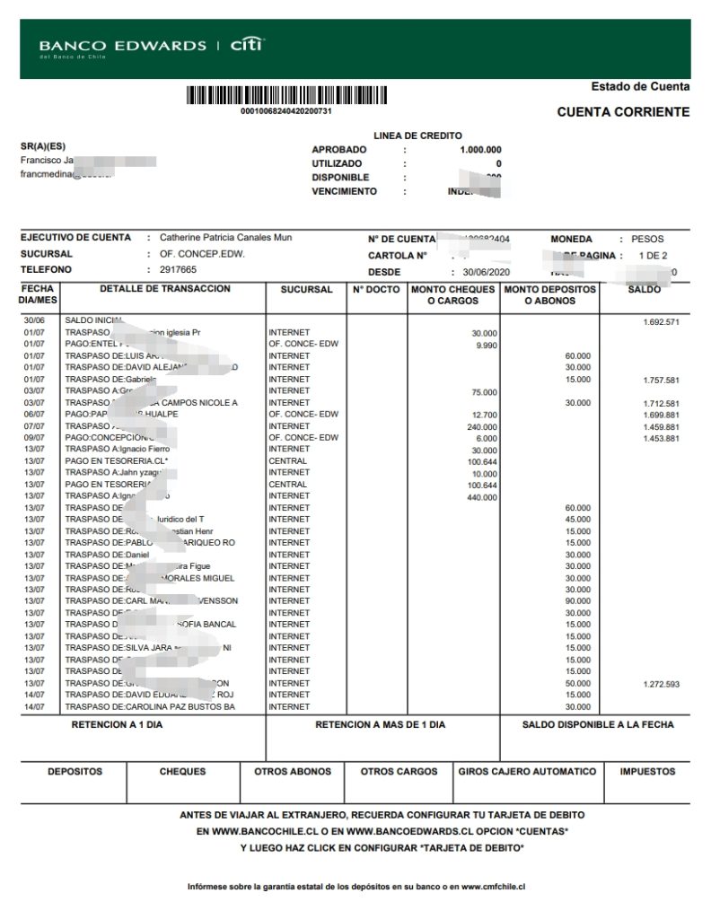 智利爱德华兹银行银行对帐单 Word 和 PDF 模板