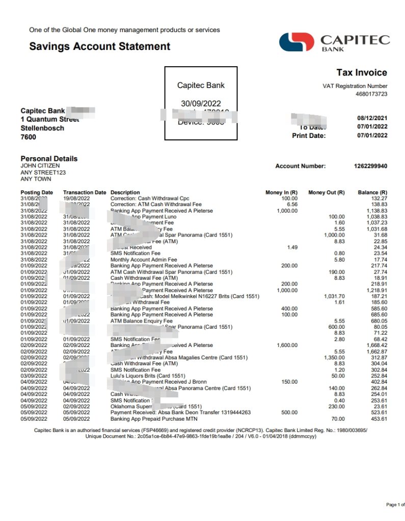 美国 Capitec 银行对账单 Word 和 PDF 模板