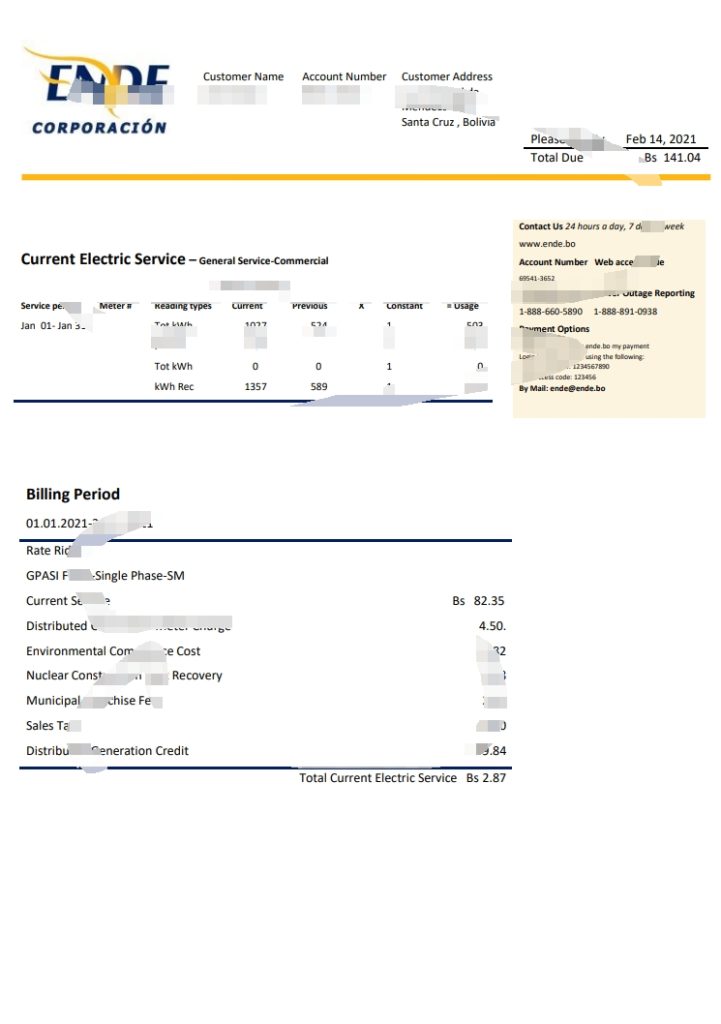 玻利维亚 ENDE Corporacion 电力账单