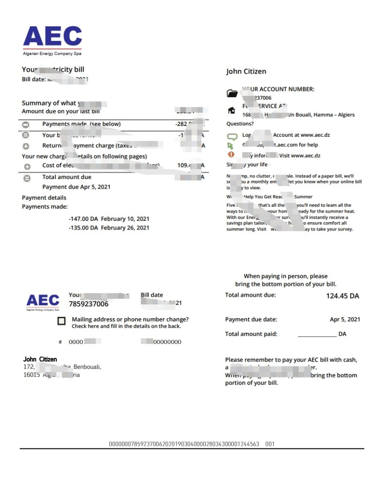 阿尔及利亚 AEC 阿尔及利亚能源公司水电费账单模板