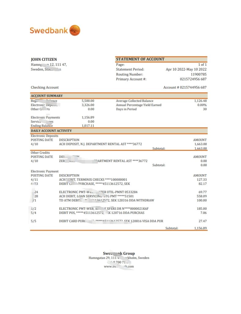 瑞典 Swedbank 银行对账单模板