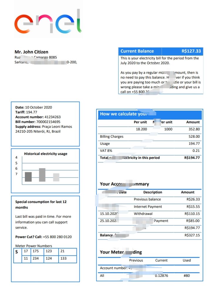 巴西 ENEL 电力账单模板（Word 和 PDF 格式）