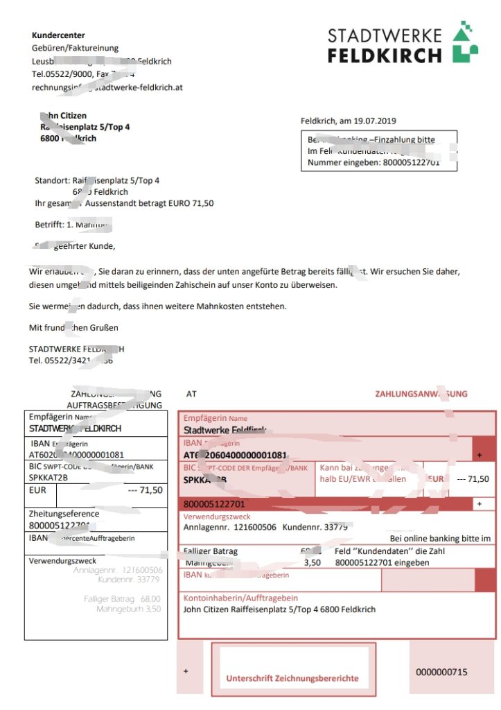 奥地利 Stadtwerke Feldkirch 公用事业账单模板 Word 和 PDF 格式