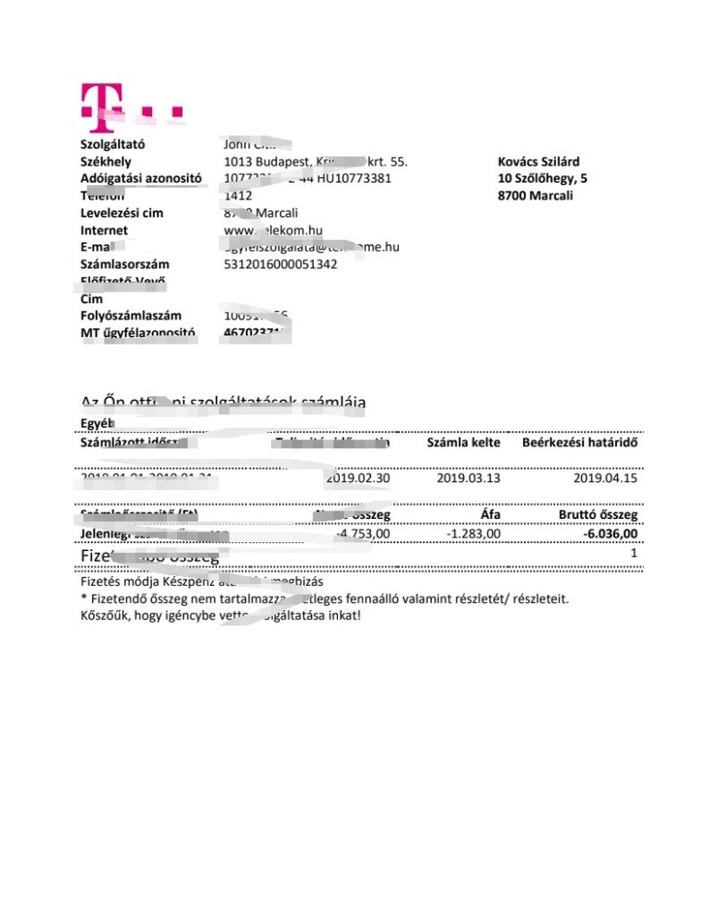 匈牙利 T Mobile Magyartel 水电费帐单Word文档格式模板