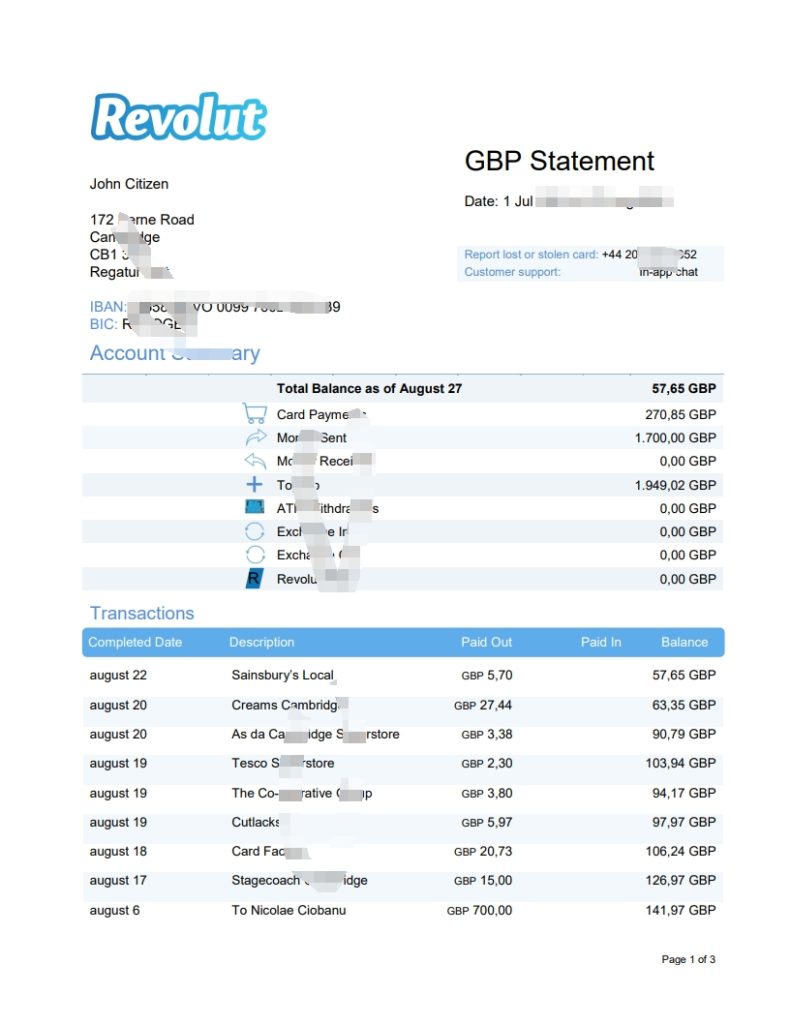 Word 和 PDF 格式的英国 Revolut 银行对账单模板