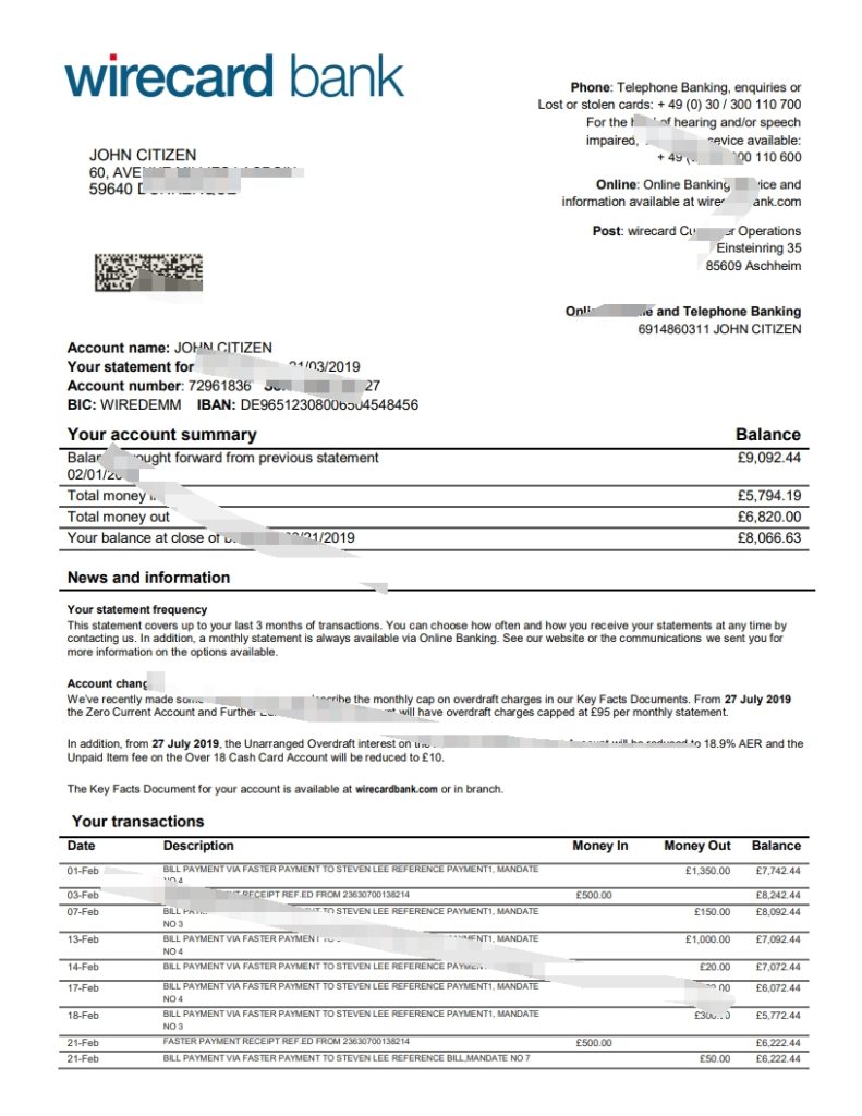 德国 Aschheim Wirecard 银行对账单简易填写模板