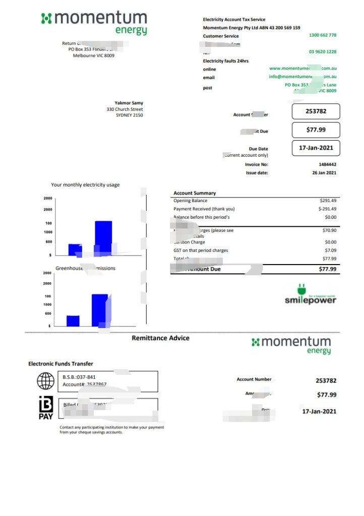 澳大利亚 Momentum Energy 公用事业账单模板（Word 和 PDF 格式）